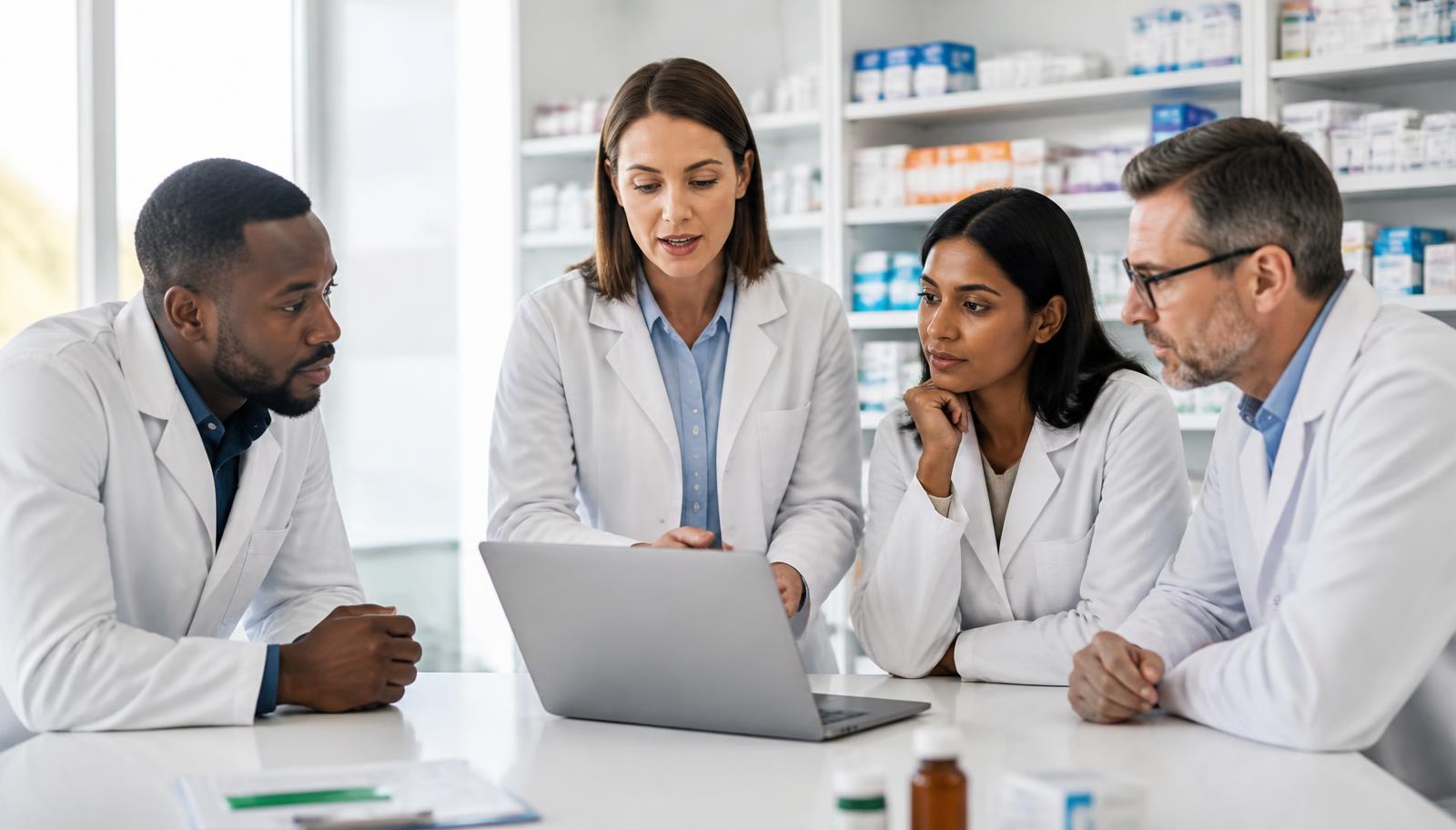 Apotheekteam kijkt samen naar het kwaliteitssysteem op een laptop