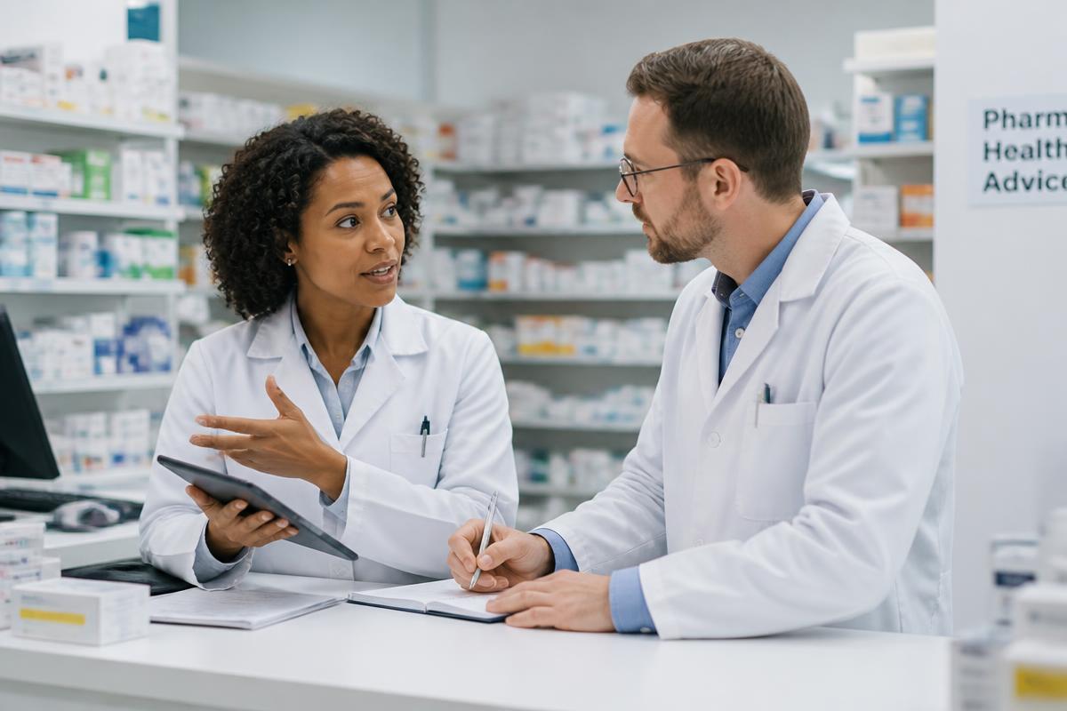 Twee apotheekmedewerkers in gesprek over een incidentanalyse