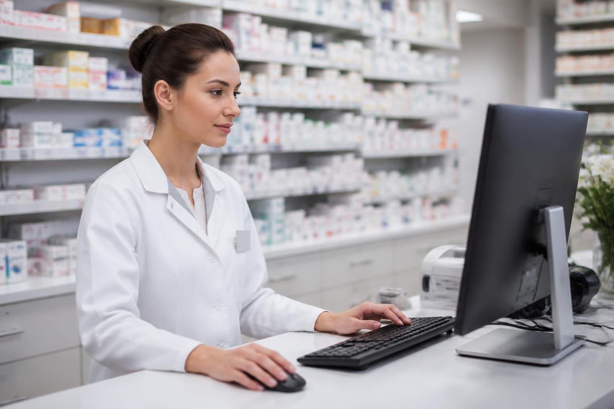 Apotheekassistent werkt achter de balie in Qarebase